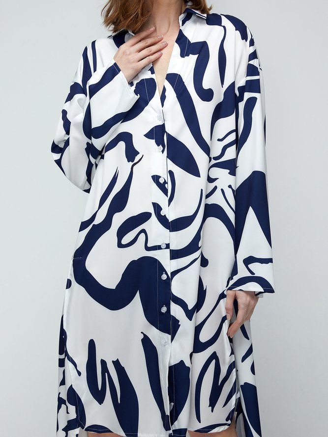 Robes Femmes Décontracté Abstrait Automne Polyester Micro-élasticité Ample Mi-longue Robe Chemise Col de Chemise