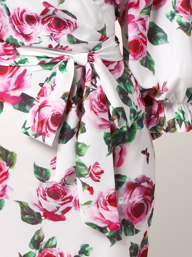 Robes Floral Automne Élé Lanterne Manches Sans Élasticité Quotidien Coupe Régulière Trois Quarts Hanche Jupe pour Femme