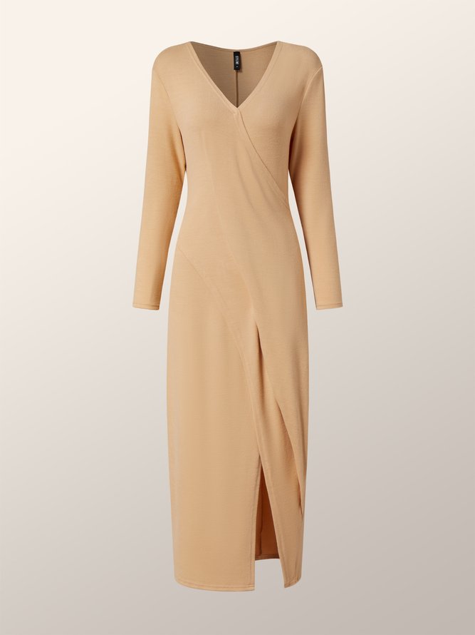 Robes Plain Hiver Élégant Polyester Col croisé Naturel Micro-Élasticité Coupe Régulière Long pour Femmes