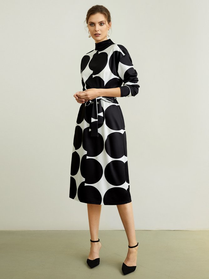 Robes à pois automne élégante fermeture éclair col montant naturel sans élasticité coupe régulière à manches longues pour les femmes