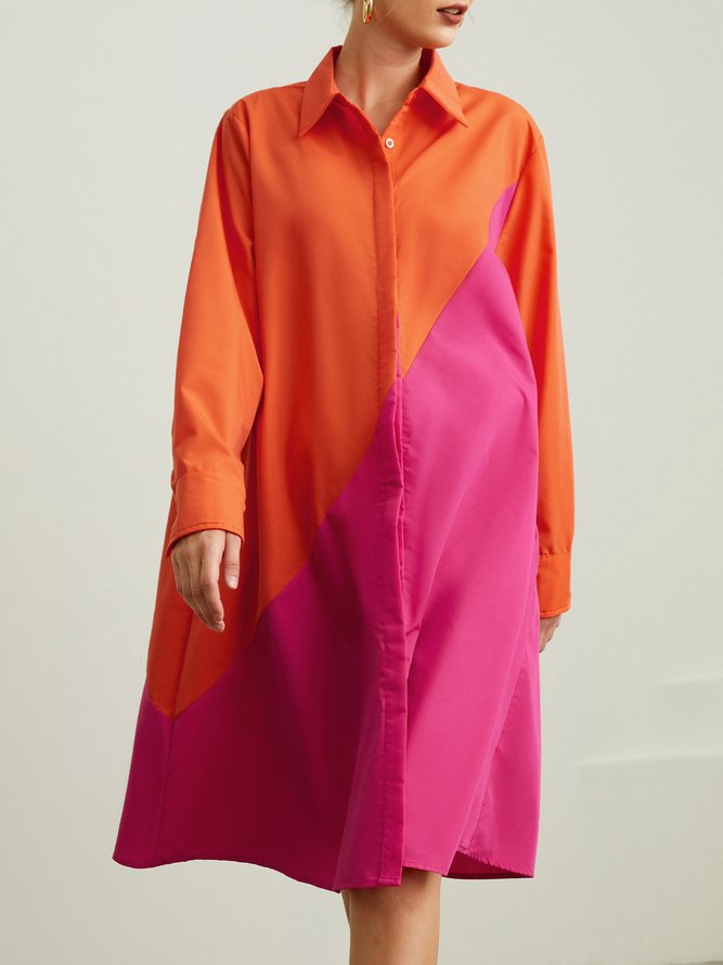 Robes Bloc de Couleur Automne Urbain Quotidien Midi Manches Longues Coton Mélangé A-Line Robe Chemise pour Femme