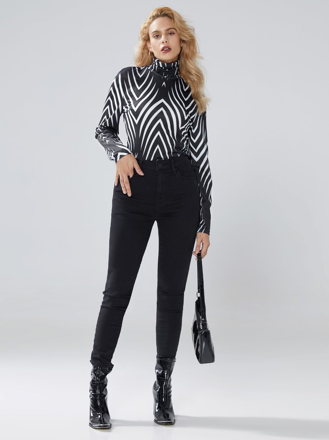 Tops Rayé Automne Urbain Polyester Micro-élasticité Quotidien Col Roulé S-Ligne Régulier pour Femmes