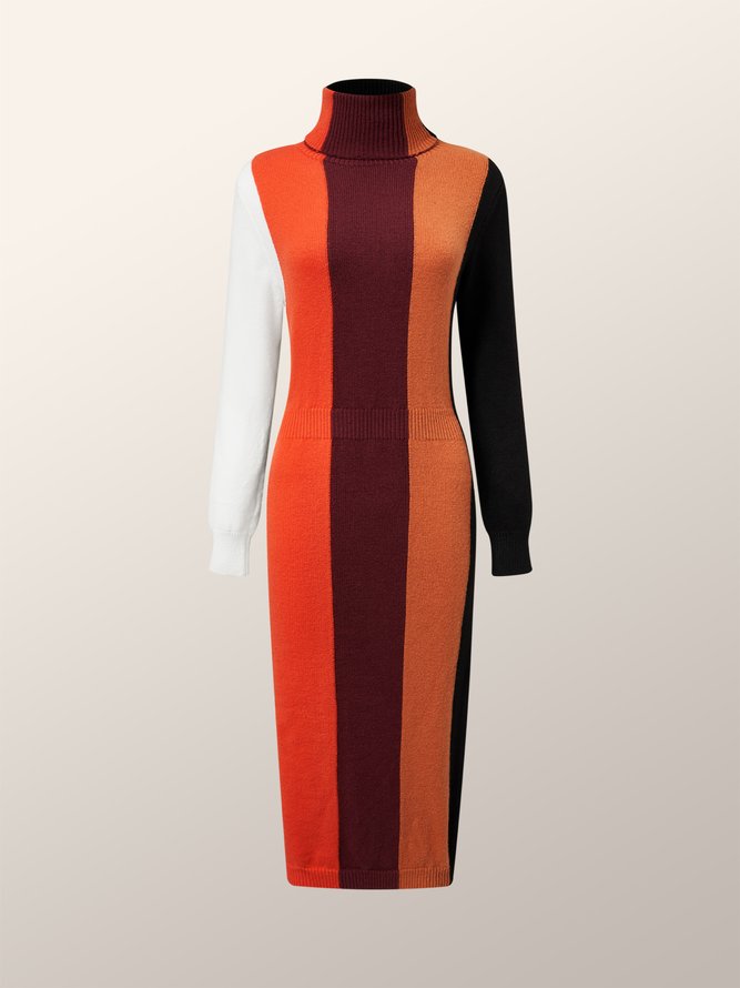 Robes Rayé Hiver Élégant Poids lourd à Haute Élasticité Quotidien Coupe Régulière Manches Longues H-ligne pour Femmes
