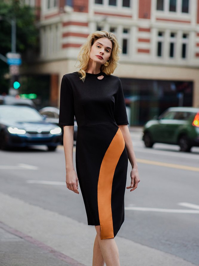 Robes Femmes Bloc de Couleur Automne Élé Taille Haute Micro-élasticité Midi Demi Manches Irrégulier Artisanat S-Line