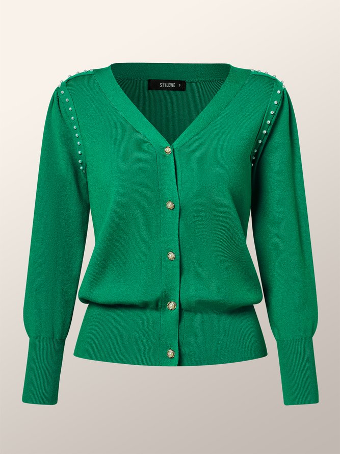 Pull Manteau Plain Printemps Élégant Col V à Haute Élasticité Quotidien Boutons Manches Longues Régulier pour Femmes
