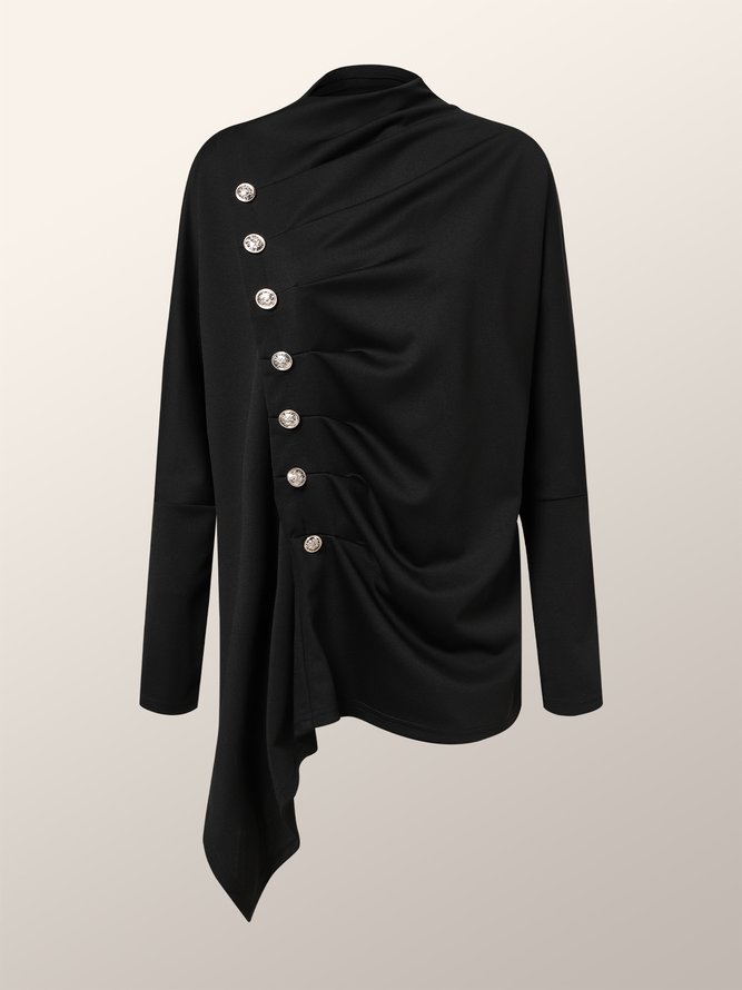 Tops Plain Printemps Urbain Polyester Col Montant Quotidien Ample Manches Longues A-ligne pour Femmes