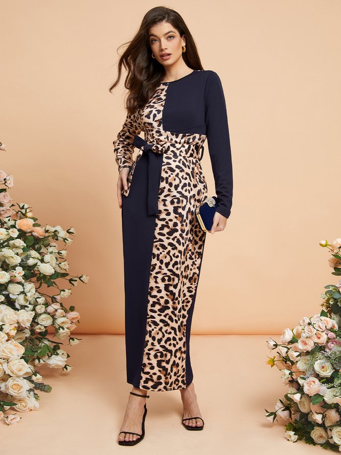 Mariage Robe & Fête Robe Motif Léopard Printemps Élégant Naturel Micro-Élasticité Mariage Coupe Régulière Long S-ligne pour Femmes