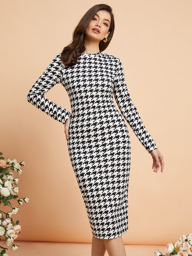Robes Pied-de-poule Hiver Élégant Polyester Quotidien Long Manches Longues Col Rond S-ligne pour Femmes
