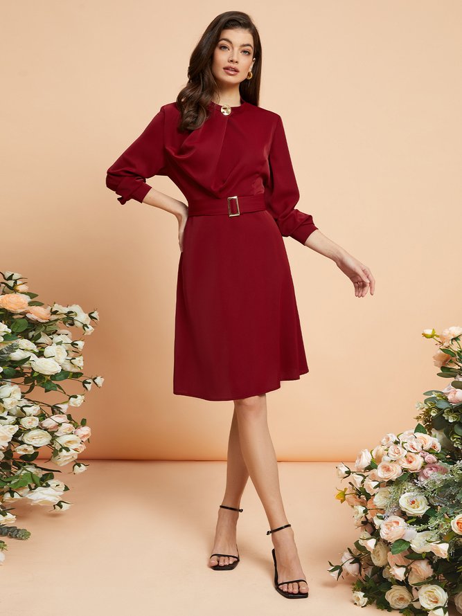 Robes Plain Hiver Élégant Aucune élasticité Coupe Régulière Mi-longue Taille Moyenne Manches Longues x-ligne pour Femmes