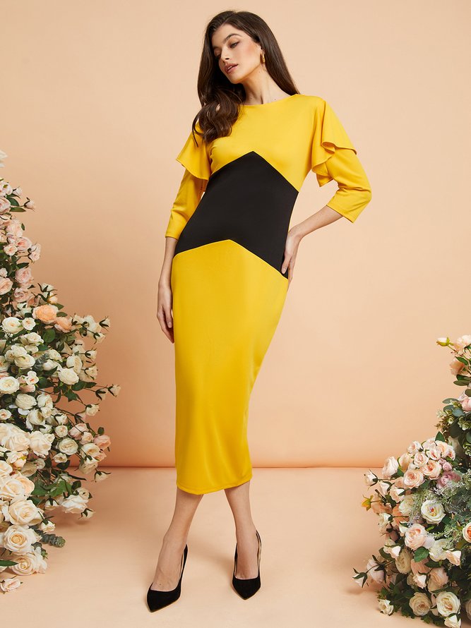 Robes Color Block Automne Elé Micro-élasticité Navette Mi-Longue Col Ras Du Cou Jupe Hanche Régulière pour Femme
