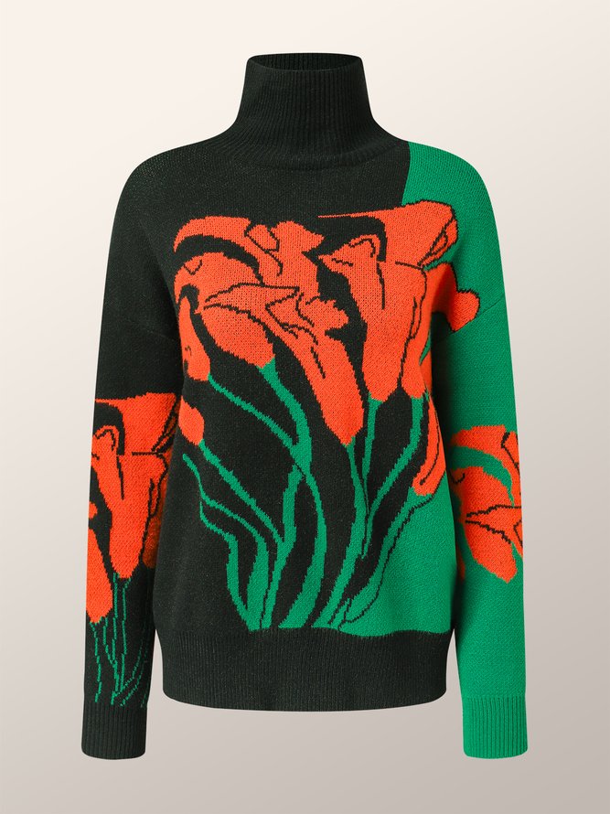 Pull Floral Hiver Élégant Acrylique à Haute Élasticité Coupe Régulière Pull-over Régulier Régulier pour Femmes