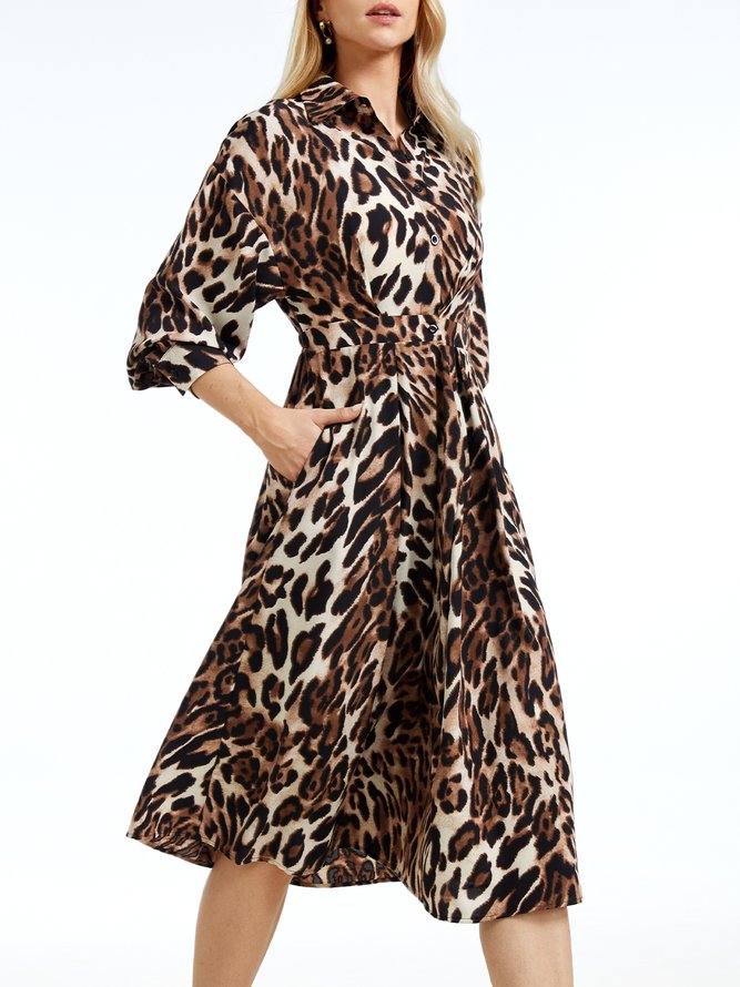 Robes Motif Léopard Automne Urbain Quotidien Coupe Régulière Manches Longues Ligne X Régulier Robe Chemise pour Femmes
