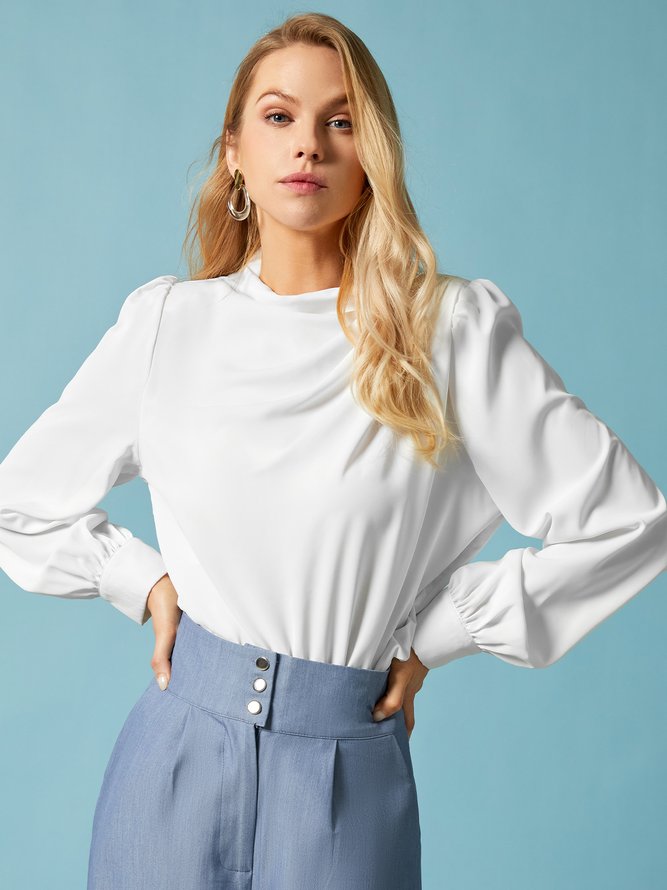 Blouse Plain Printemps Élégant Polyester Col Montant Aucune élasticité Coupe Régulière Manches Longues Régulier pour Femmes