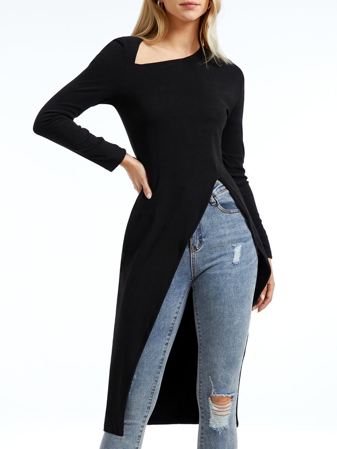 Tops Plain Printemps Urbain Polyester à Haute Élasticité Manches Longues Mi-longue-Long H-ligne Régulier pour Femmes