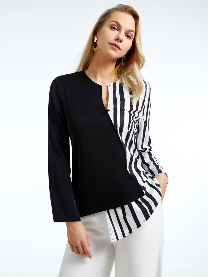 Blouse Rayé Printemps Urbain Polyester Quotidien Coupe Régulière Manches Longues Régulier H-ligne pour Femmes