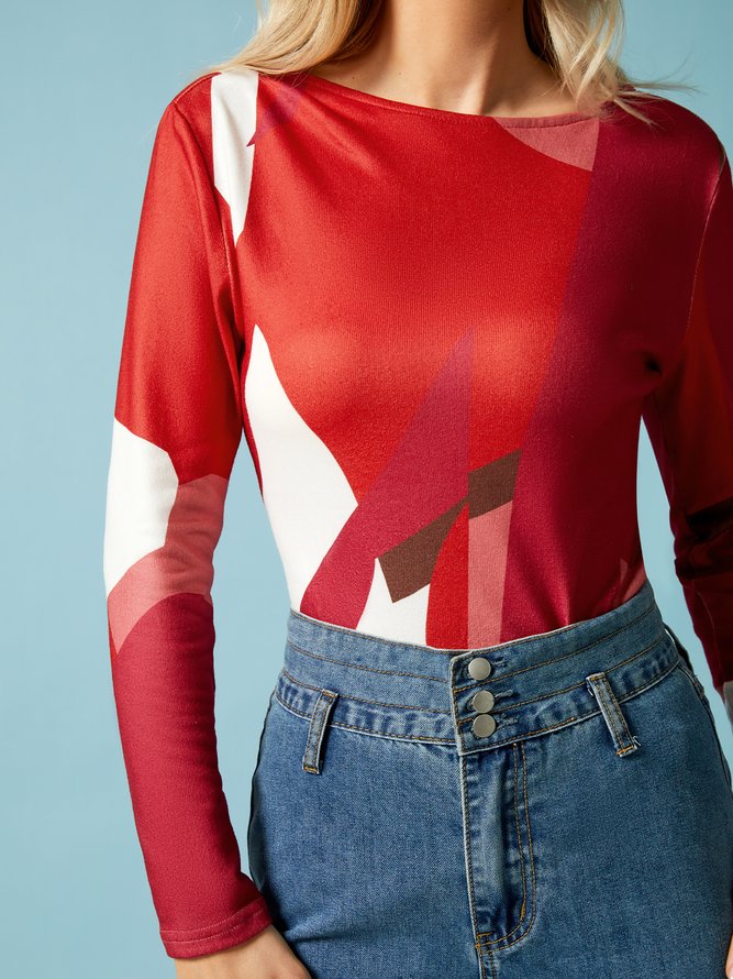 T-Chemise Femmes Bloc de Couleur Printemps Urbain Quotidien Serré Jersey Régulier T-ligne Régulier