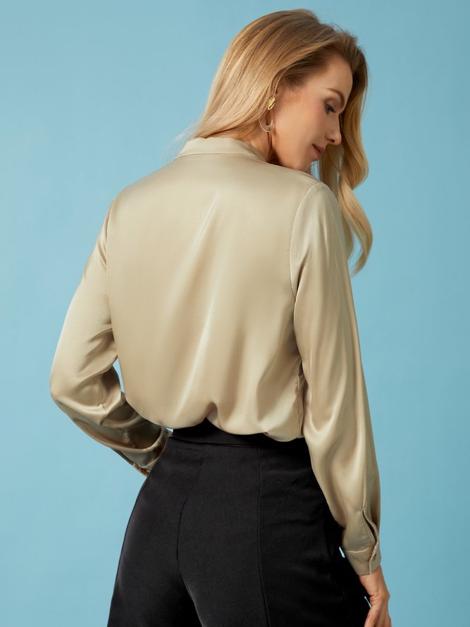 Blouse Plain Printemps Élégant Polyester Col V Ample Manches Longues Régulier Volant pour Femmes