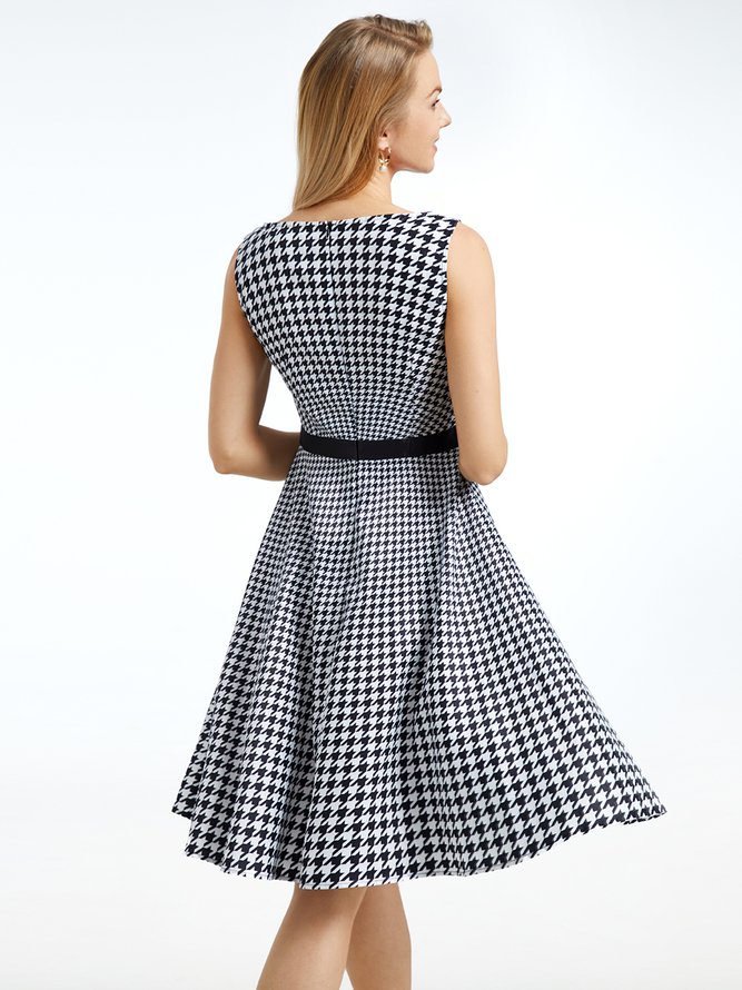 Robes Femmes Pied-de-poule Printemps Élégant Aucune élasticité Quotidien Coupe Régulière Sans Manches x-ligne Régulier