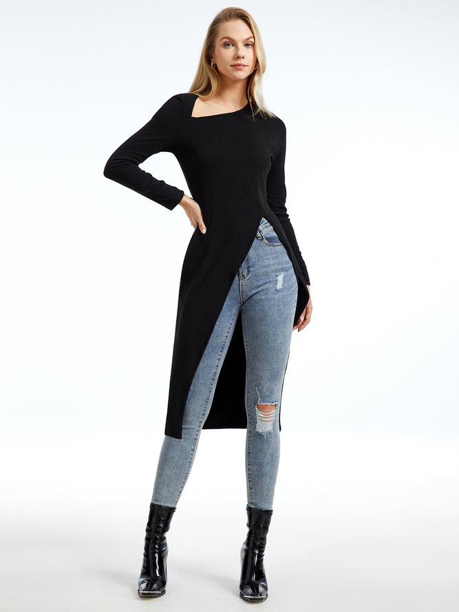 Tops Plain Printemps Urbain Polyester à Haute Élasticité Manches Longues Mi-longue-Long H-ligne Régulier pour Femmes