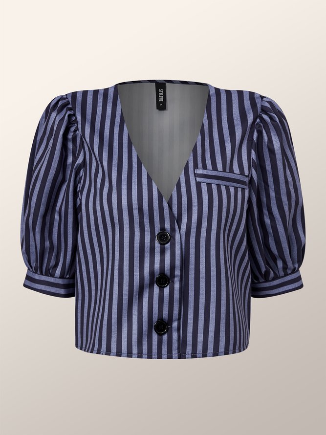 Blazer Rayé Printemps Urbain Col V Naturel Aucune élasticité Ample Manches Courtes Droit pour Femmes