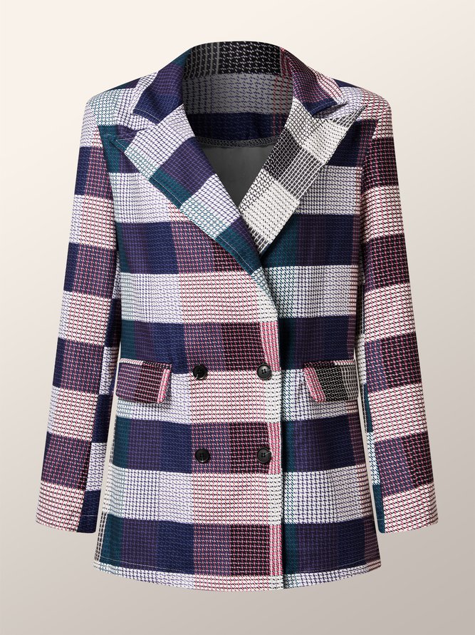 Blazer Plaid Automne Urbain Polyester Ample Manches Longues à Col Revers H-Ligne Régulier pour Femmes