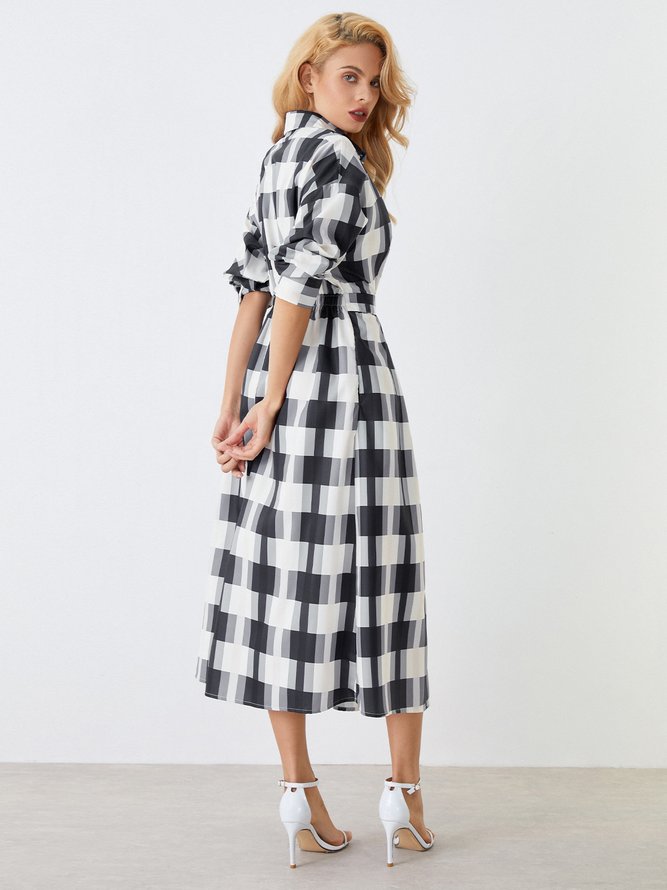 Robes Tartan Automne Urbain Coupe Régulière Mi-longue 1 * Robe Régulier Col de Chemise Régulier Taille pour Femmes