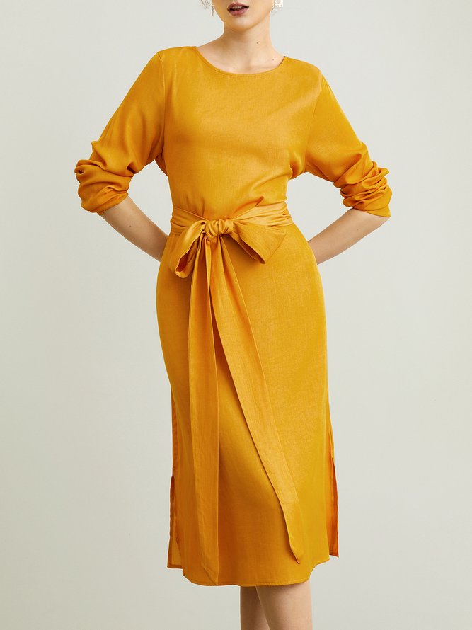 Robes Femme Plaine L'automne Lin Coton Quotidien Midi Manches longues Col rond Autres