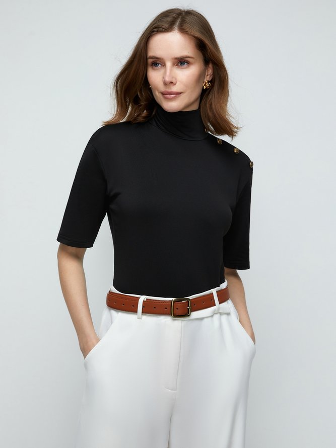 Hauts Uni Automne Urbain Polyester Boutonné Col Montant Demi-manche S-Line Regular pour Femme