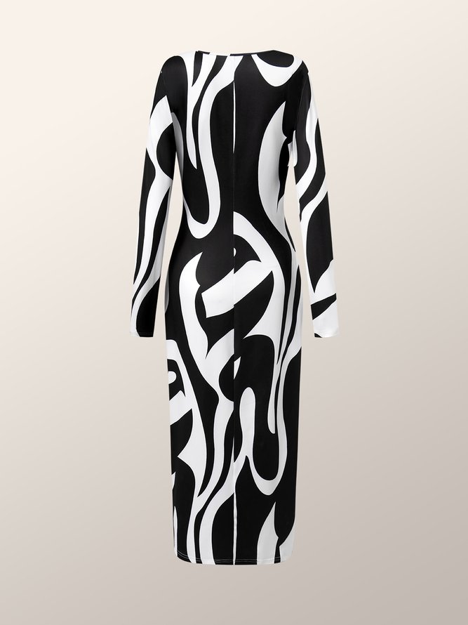Robes Géométrique Printemps Élégant Naturel à Haute Élasticité Coupe Régulière Mi-longue Manches Longues l'Encolure Bateau pour Femmes