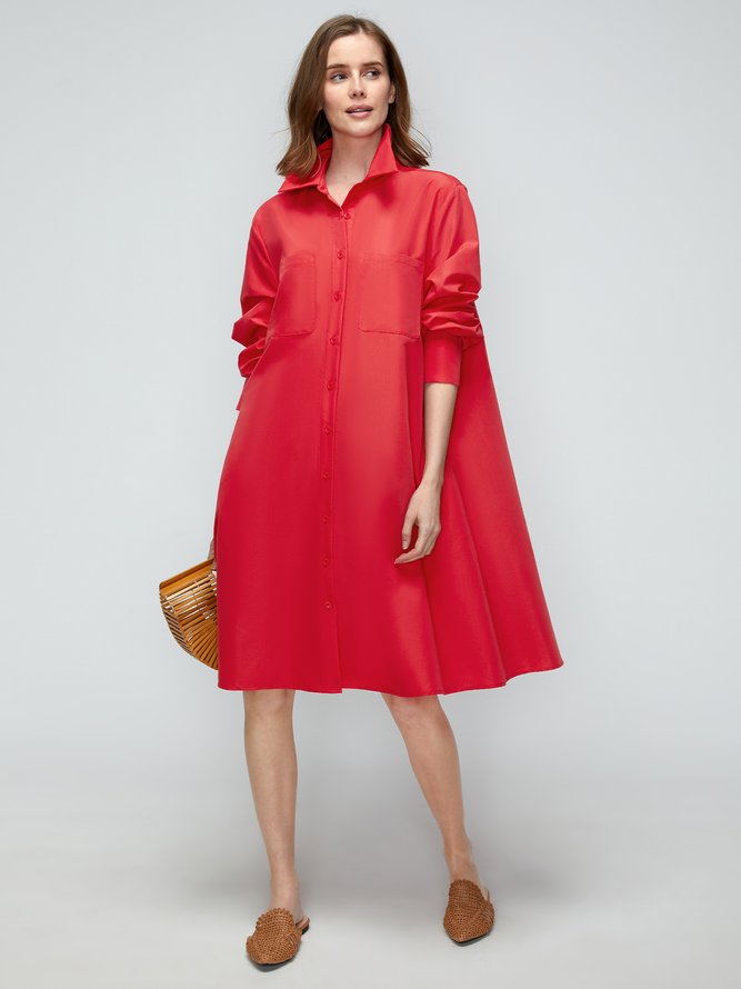 Robes Femme Plaine Simple Automne Pas d'élasticité Regular Fit Midi A-Line Shirt Dress Col de chemise