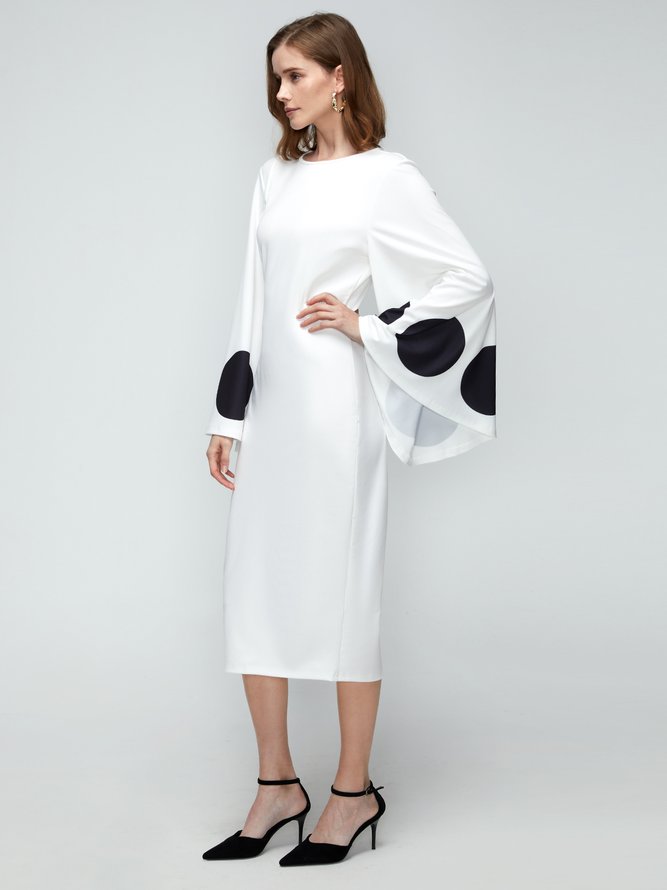 Robes Femmes Pois Polka Automne Élégant Polyester Naturel Coupe Régulière Mi-longue Manches Longues Hanche Jupe