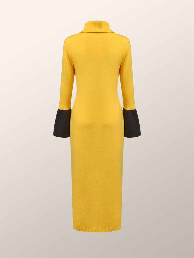 Robes Bloc de Couleur Hiver Élégant Polyester Micro-Élasticité Long Col Roulé H-ligne Régulier pour Femmes