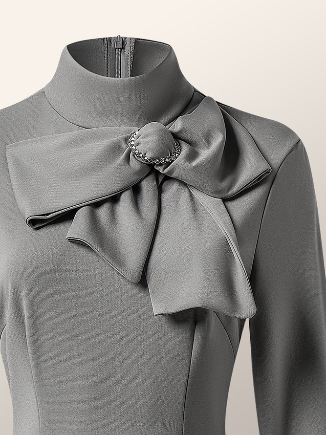 Robes Plain Automne Élégant Polyester Nœud Coupe Régulière Faire la navette Manches Longues S-Ligne pour Femmes