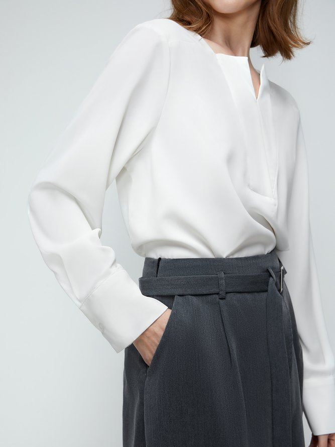 Chemisier Femme Plaine Simple Automne Col V Pas d'élasticité 1 * Top Coton Mélangé H-Line Régulier