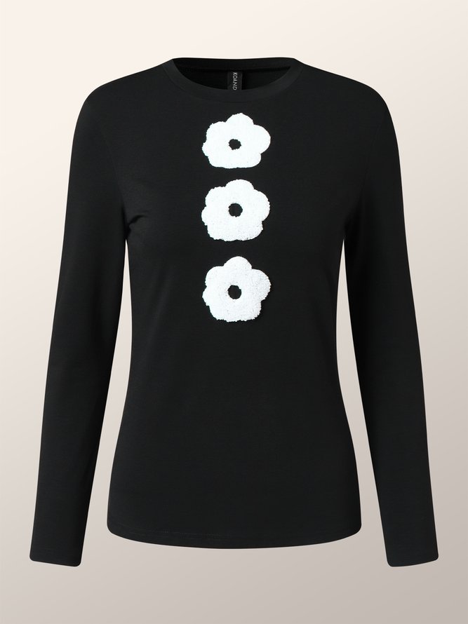 T-shirt Floral Simple Automne Quotidien Jersey Manches longues Regular T-Line Regular pour Femme