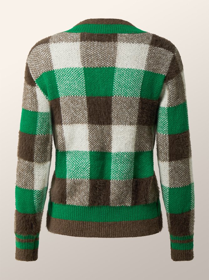 Pull Manteau Plaid Automne Urbain Col V à Haute Élasticité Ample Manches Longues Régulier H-ligne pour Femmes