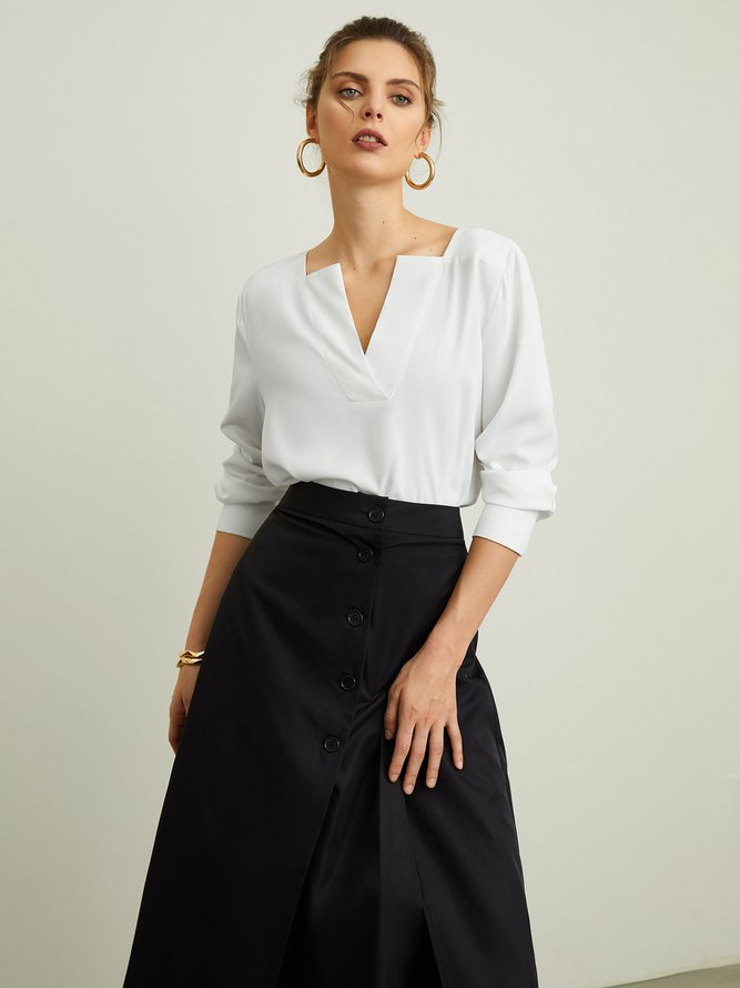 Chemisier Femme Plaine Simple Automne Col V Pas d'élasticité 1 * Top Coton Mélangé H-Line Régulier