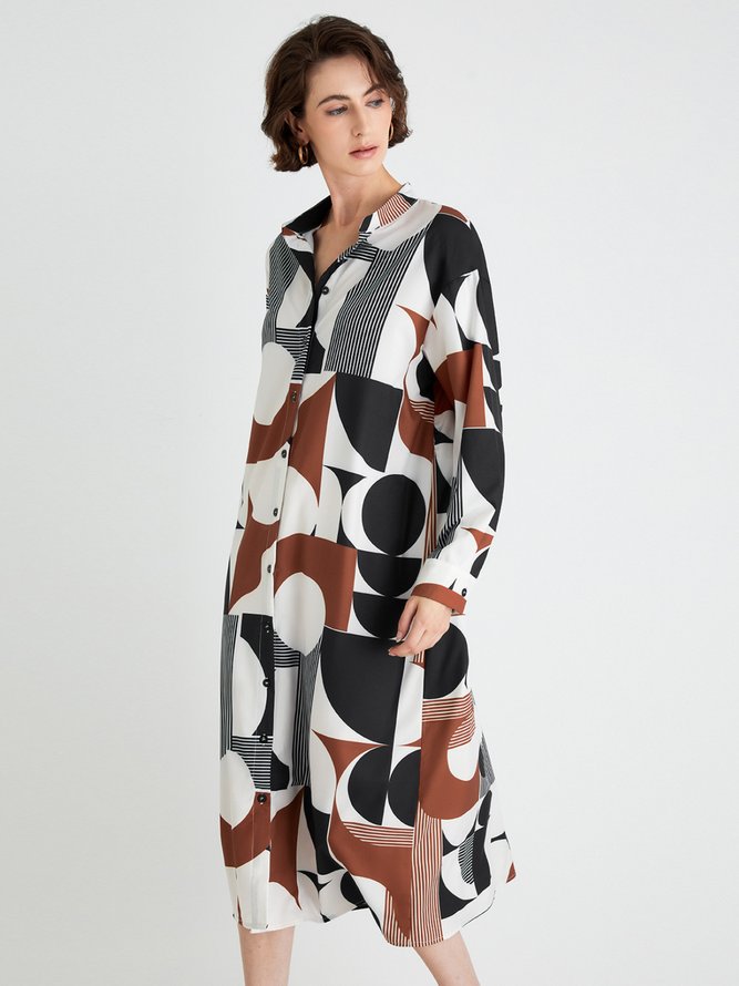 Robes Femmes Géométrique Automne Urbain Naturel Micro-élasticité Ample Mi-longue Manches Longues Robe Chemise
