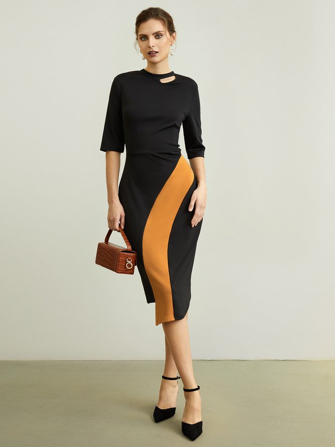 Robes Femmes Bloc de Couleur Automne Élé Taille Haute Micro-élasticité Midi Demi Manches Irrégulier Artisanat S-Line