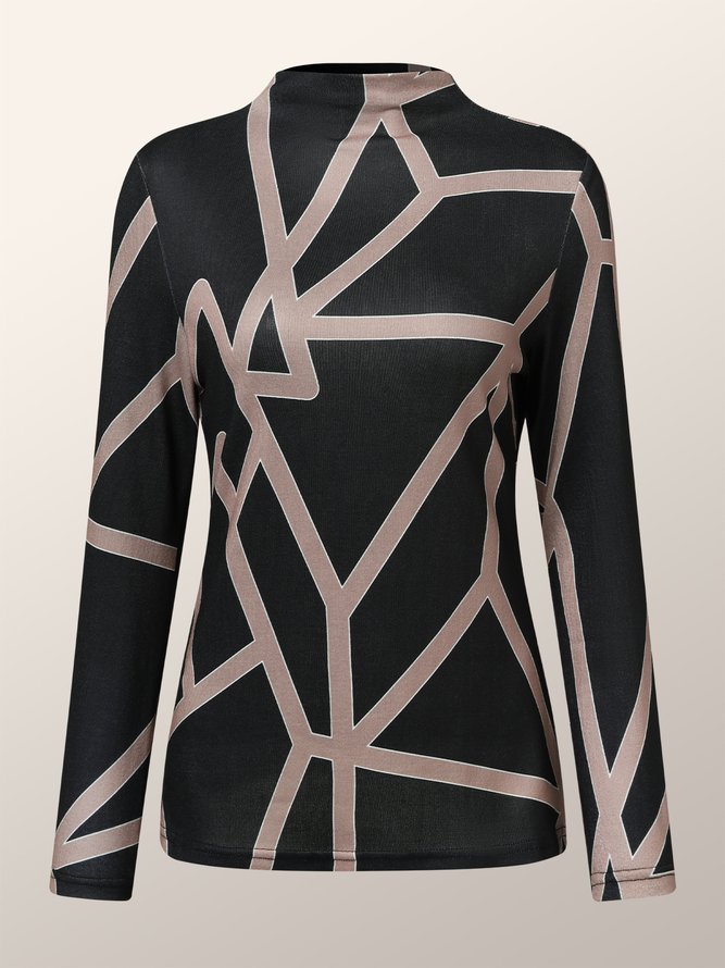 T-Chemise Géométrique Printemps Urbain Polyester Col Montant à Haute Élasticité Manches Longues Régulier Régulier pour Femmes