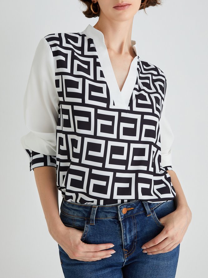 Blouse Géométrique Simple Automne Polyester Non Élasticité Manches Longues Régulier Régulier Régulier Taille pour Femmes
