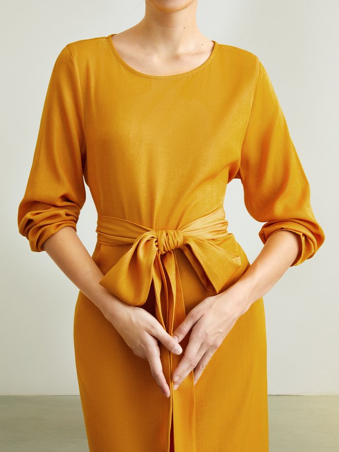 Robes Femme Plaine L'automne Lin Coton Quotidien Midi Manches longues Col rond Autres