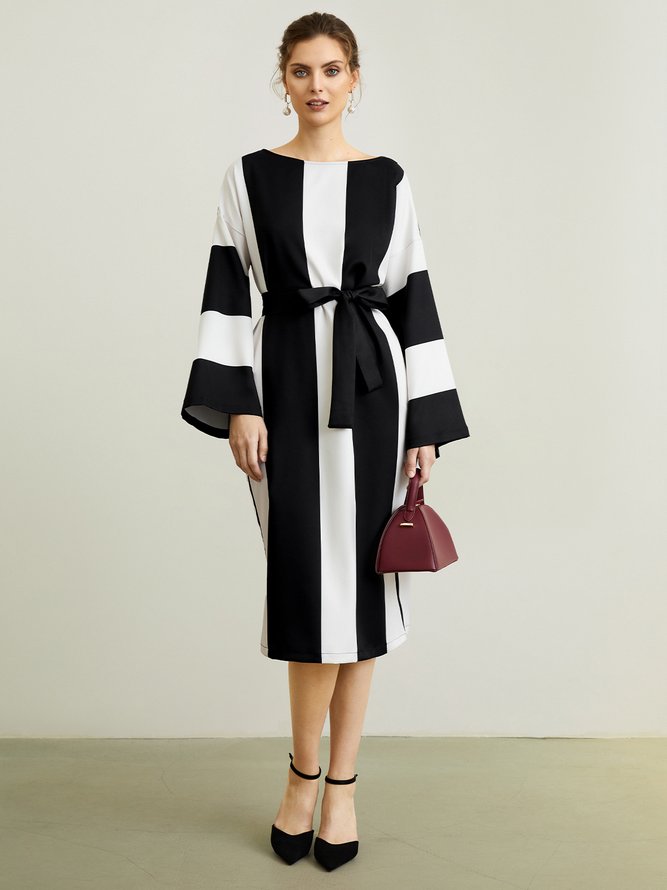 Robes Femme Rayé L'automne Élé Pas d'élasticité Coupe régulière Les trajets domicile-travail Manches longues Col ras du cou Régulier