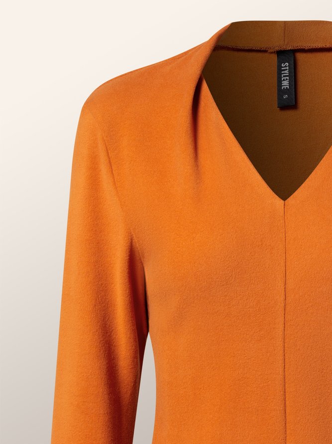 T-Chemise Plain Hiver Simple Col V à Haute Élasticité Coupe Régulière Manches Longues Régulier H-ligne pour Femmes