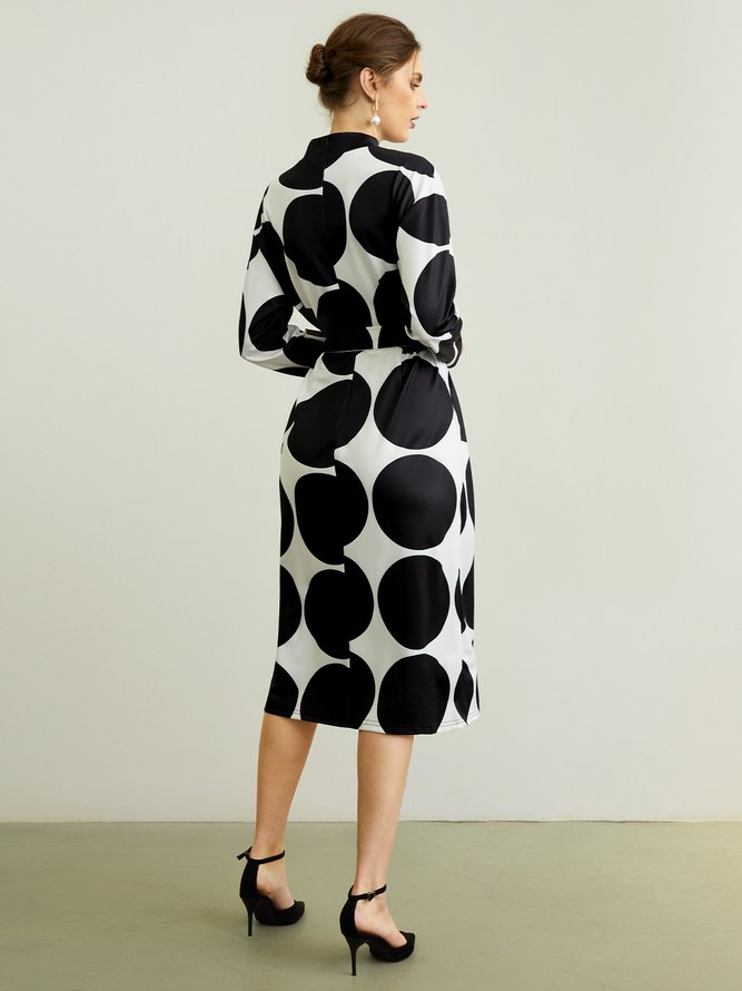 Robes à pois automne élégante fermeture éclair col montant naturel sans élasticité coupe régulière à manches longues pour les femmes