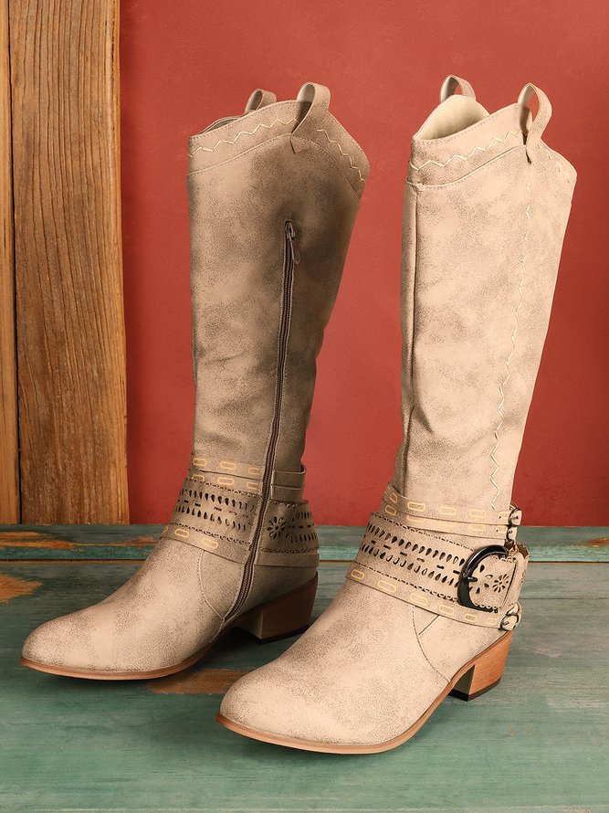Bottes Femme Rétro Ethnique Automne Bottes de cow-boy Cuir Évidé Talon Bas Bout Rond de Grande Taille