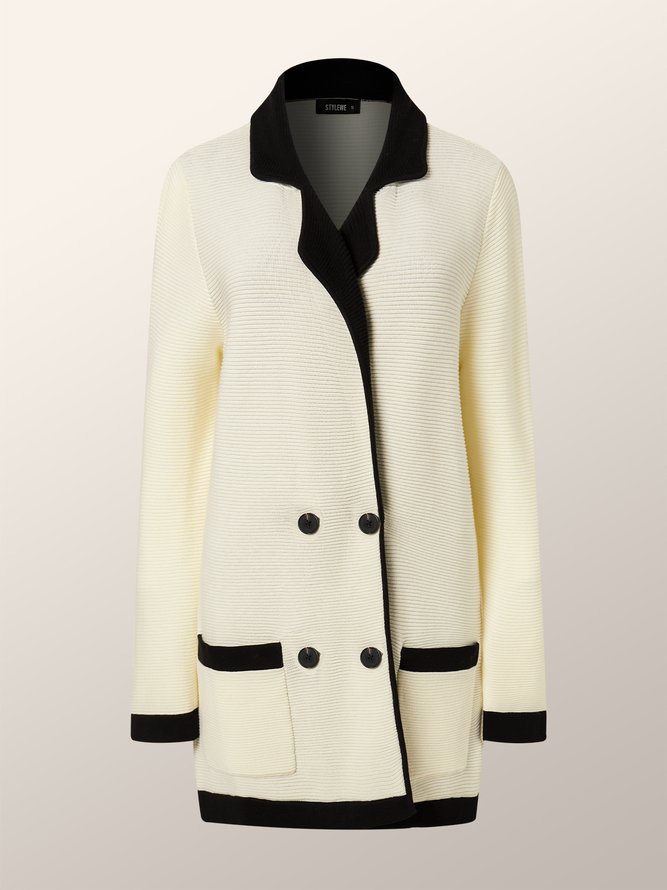 Pull Manteau Femmes Bloc de Couleur Hiver Élégant Acrylique Naturel Manches Longues à Col Revers Régulier H-ligne