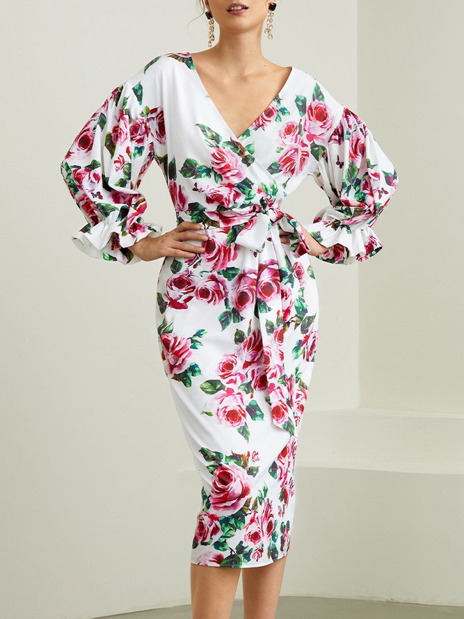 Robes Floral Automne Élé Lanterne Manches Sans Élasticité Quotidien Coupe Régulière Trois Quarts Hanche Jupe pour Femme