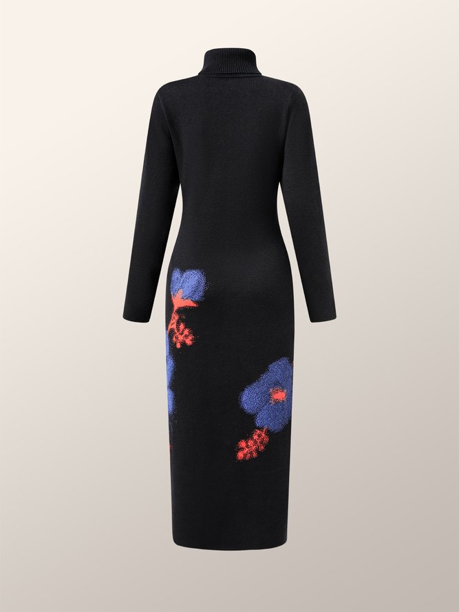 Robes Floral Hiver Élégant Coupe Régulière Mi-longue 1 * robe Manches Longues H-ligne Tunique pour Femmes