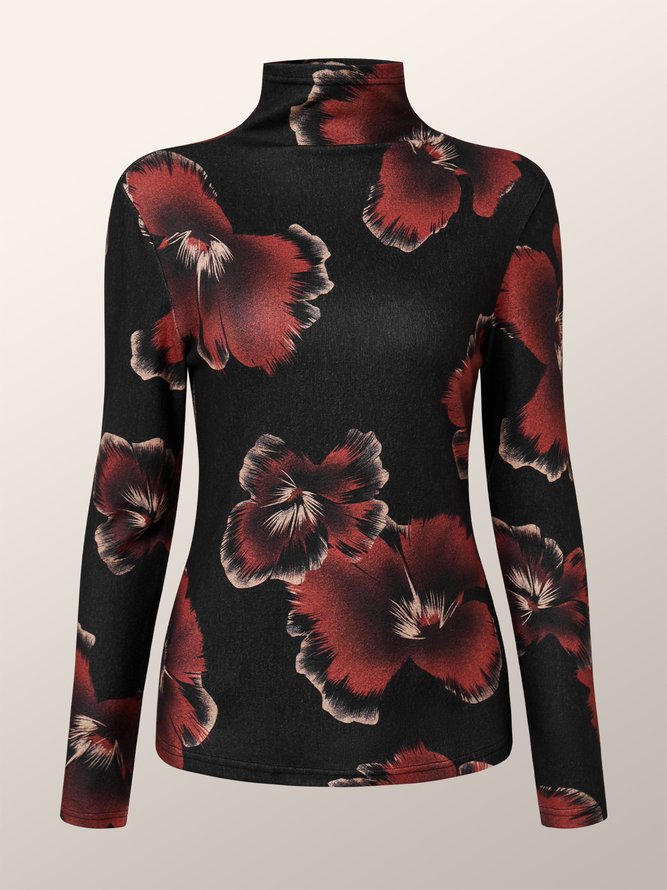 T-Chemise Floral Hiver Élégant Polyester Quotidien Serré Manches Longues H-ligne Élasticité moyenne pour Femmes